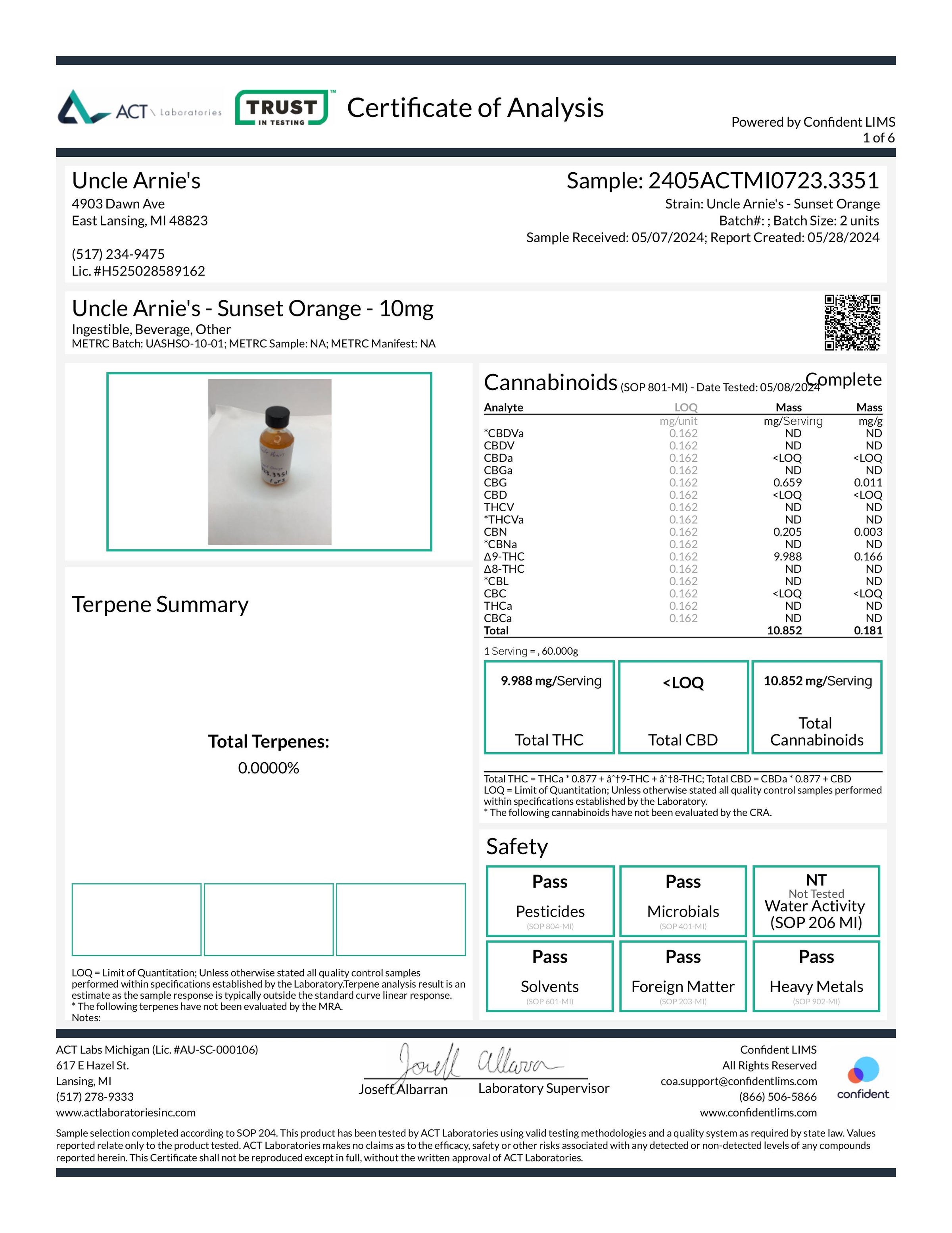 Uncle Arnies Sunrise Orange 10mg Shot 5mg THC/Serving Superior